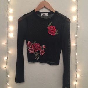 Long Sleeve Mesh Embroidered Rose Crop Top